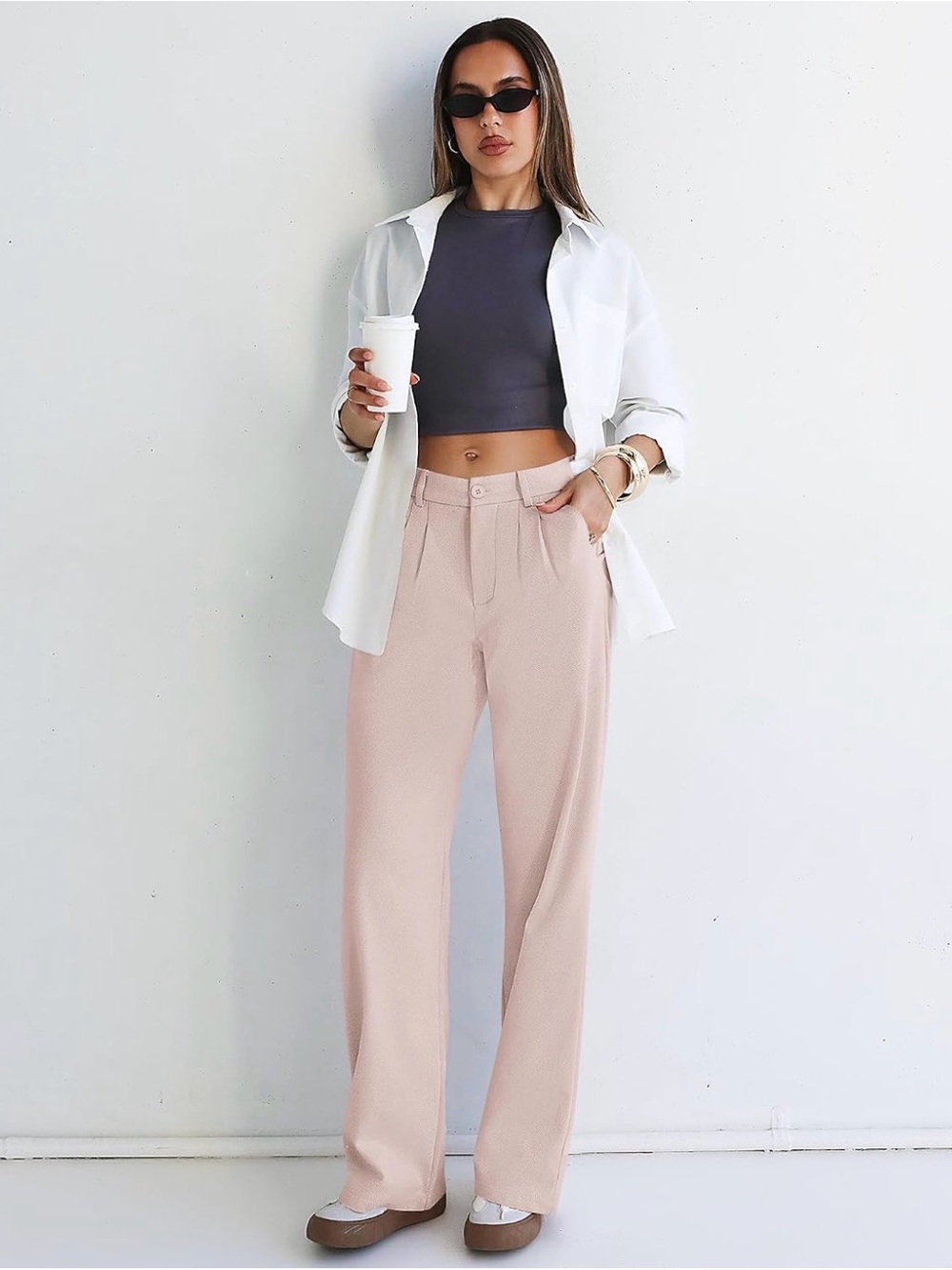 5/$30 KISTORE High-Waist Wide Leg Pleated Pink Soft Herring Pant. Size L NWT